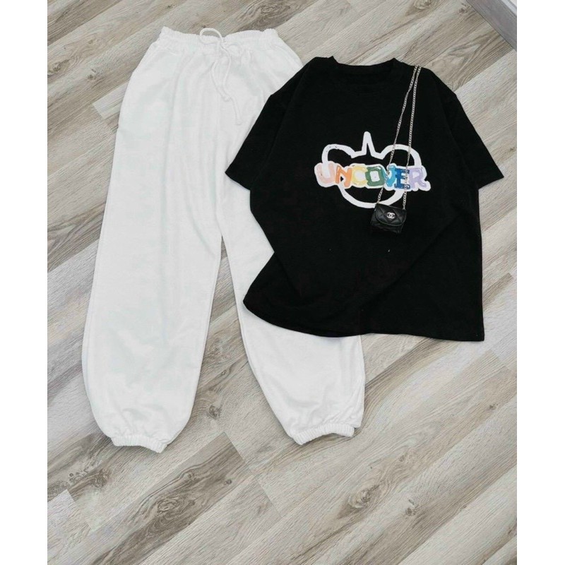 💙 SET THỂ THAO ÁO PULL ĐEN CHỮ MÀU + QUẦN JOGGER TRẮNG BO CHUN LAI