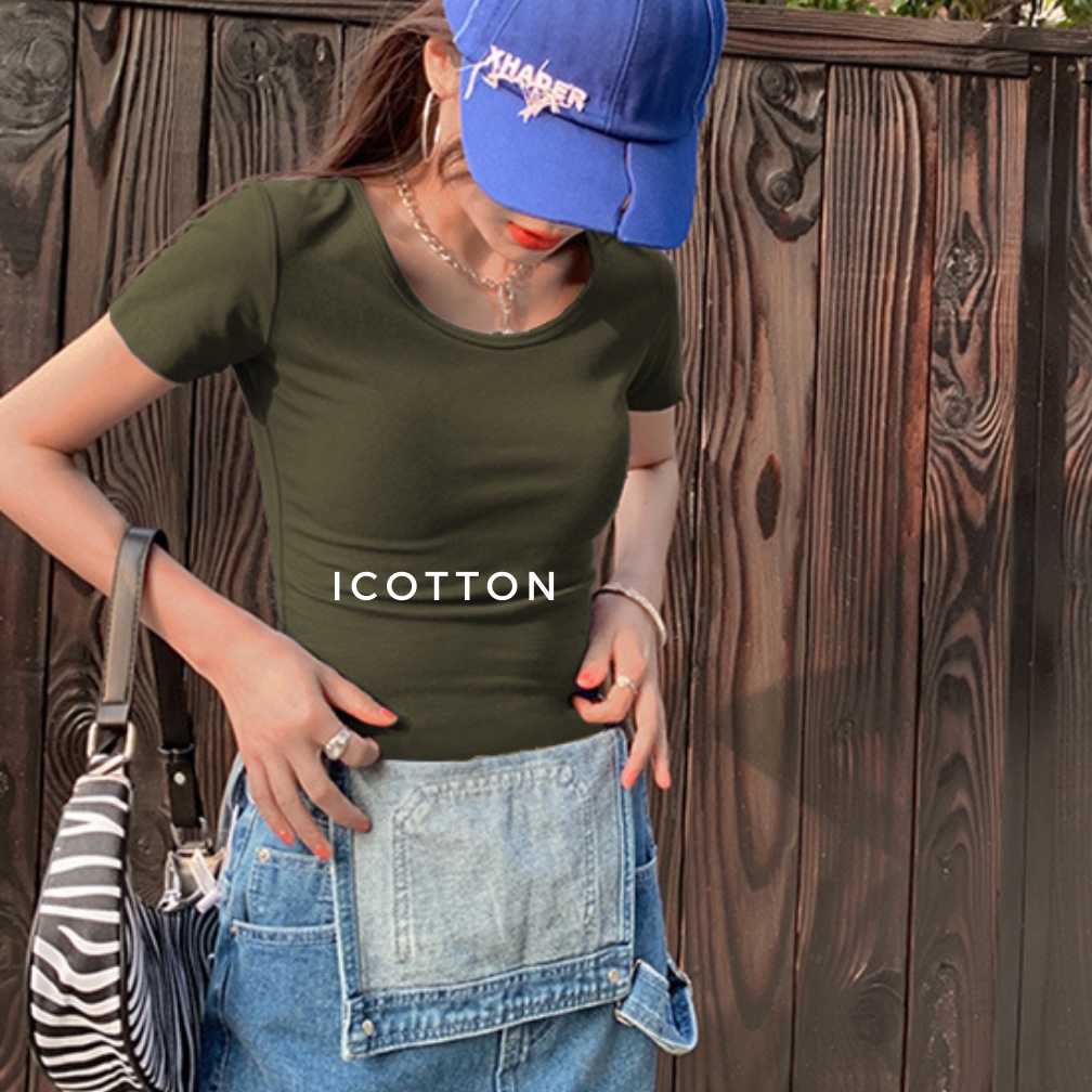 Áo thun nữ cổ vuông cộc tay iCotton form dáng ôm vừa tôn dáng basic chất đẹp cao cấp 100% cotton có biggsize