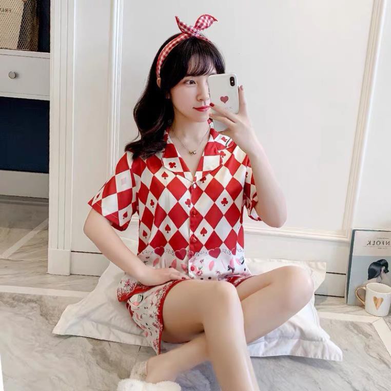 Bộ ngủ lụa pizama hoạ tiết lá bài hàng cao cấp