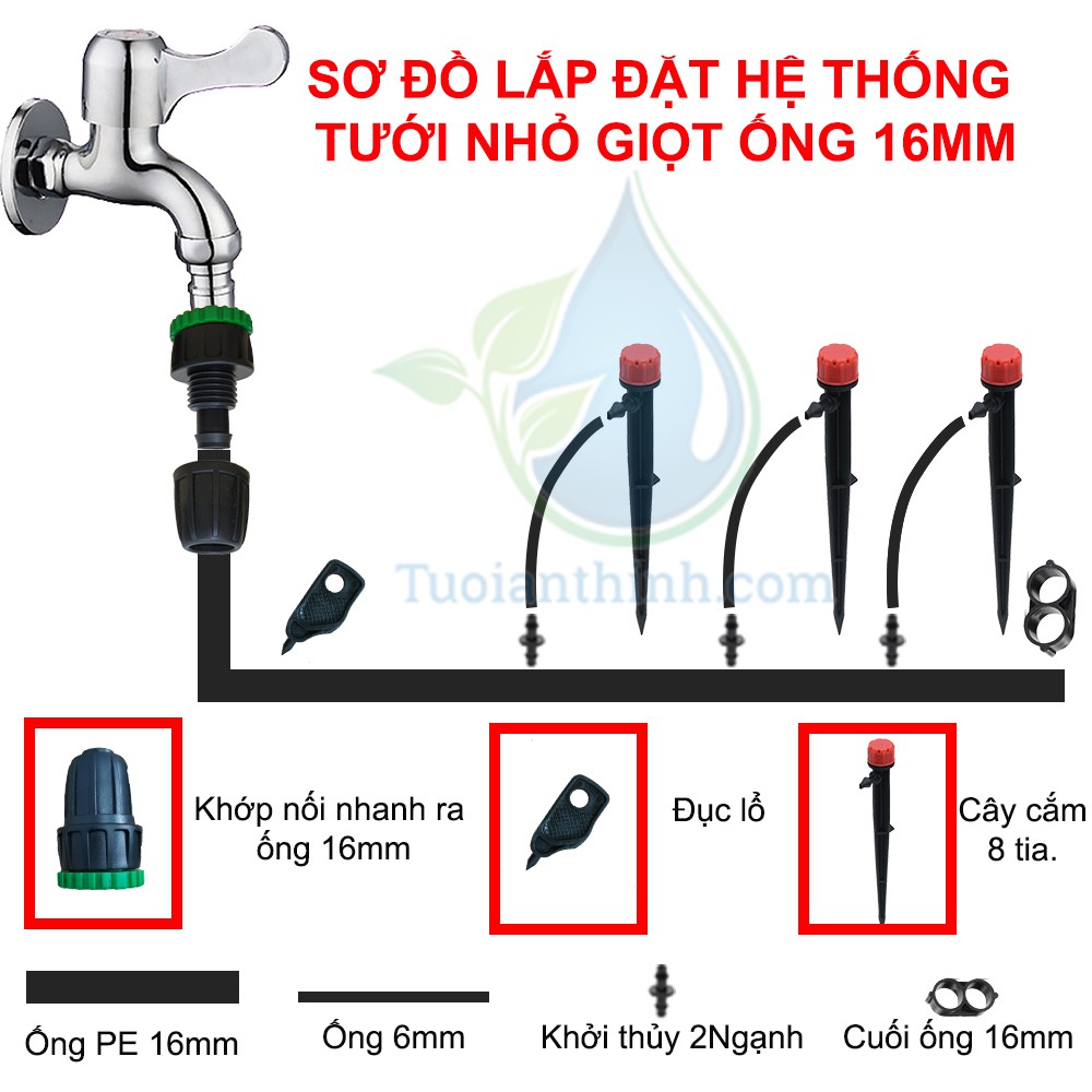 Bộ tưới nhỏ giọt Cây cắm- Phun 8 tia (Dùng ống 16mm)