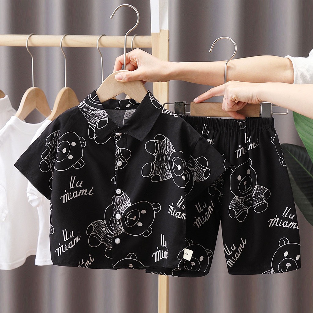 Bộ Ngủ Lụa Cộc Tay Cho Bé In Hình Gấu Bông, Đồ bộ Pijama bé trai bé gái mặc đều xinh từ 7-27kg - LILA KIDS
