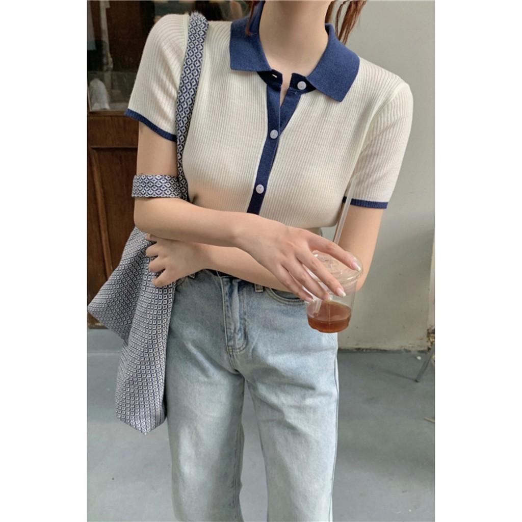Áo len sơ mi POLO nữ cộc tay dệt kim mỏng nhẹ cài khuy phối viền ôm dáng Hàn Quốc