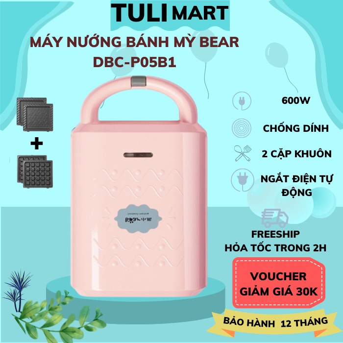 Máy Kẹp Nướng Bánh Mì - Mỳ Làm Bánh Waffle Sandwich Đa Năng Bear P06N2, Hình Thú , 3 phút cho bữa ăn sáng, BH 12 tháng