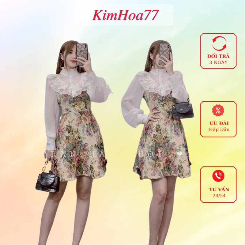 Váy tiểu thư đầm nữ dự tiệc freesize chất gấm bố họa tiết hoa kimhoa77