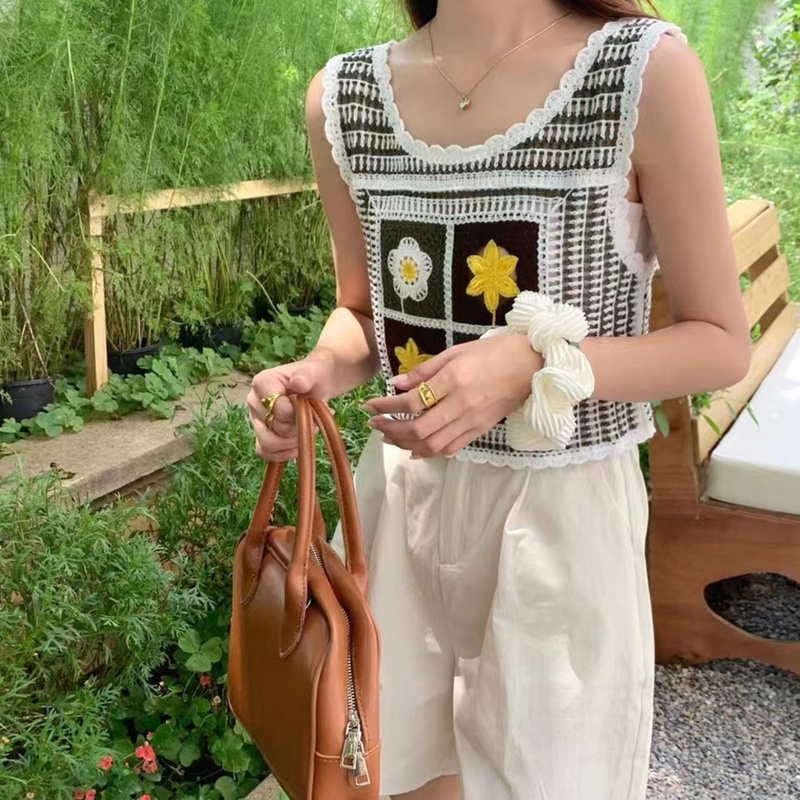 Áo Croptop Dệt Kim Sát Nách Thêu Họa Tiết Hoa Màu Sắc Tương Phản Thời Trang Mùa Hè Cho Nữ