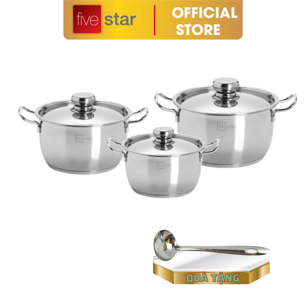 Bộ nồi 3 đáy inox 430 Thân Cool Fivestar Standard nắp inox FS-B3010 (Kích thước 16cm - 20cm - 24cm), tặng 1 vá canh