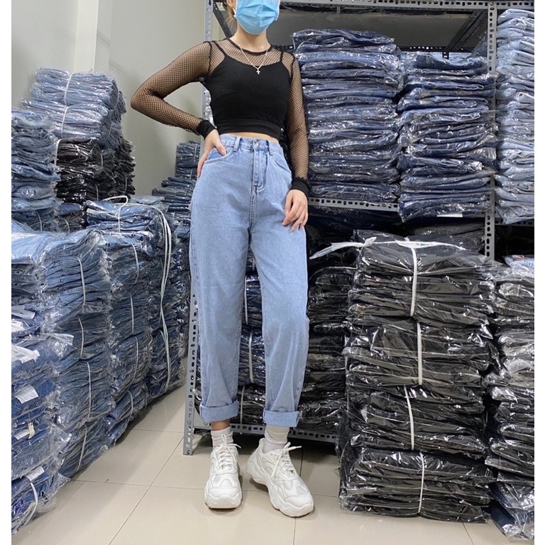 (50~93kg)Baggy Jean BIG SIZE - LƯNG CAO -Quần PHOM TO DÀI - Xanh Jean Trơn