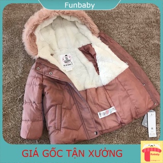 Áo phao cho bé gái 1-6 tuổi mũ vành lông, Áo khoác lót lông trẻ em hàng xuất khẩu cao cấp