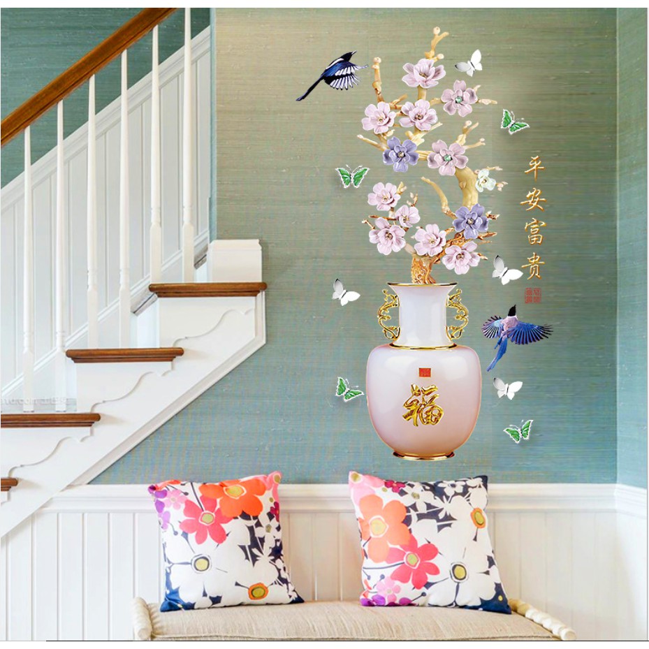 Decal trang trí tường - Chậu Hoa mẫu đơn xanh tím đẳng cấp