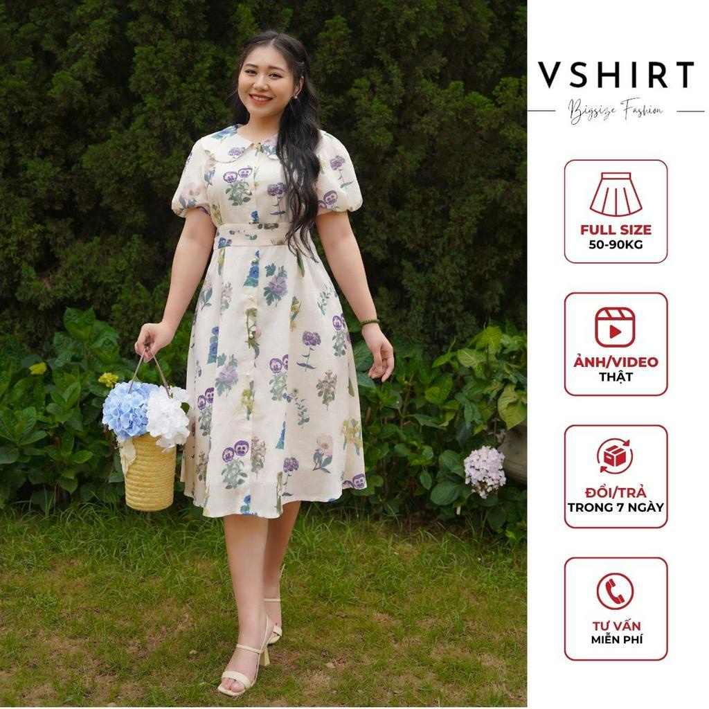 Váy trắng in hoa cổ sen VSHIRT có lót chất liệu tằm hàn