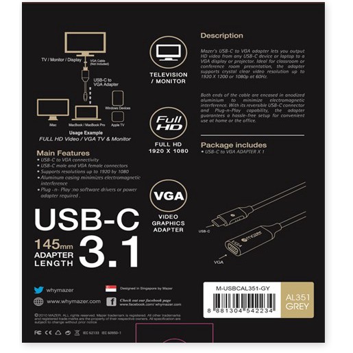 Bộ Chuyển Đổi Mazer USB-C to VGA 1080P Adapter ALU