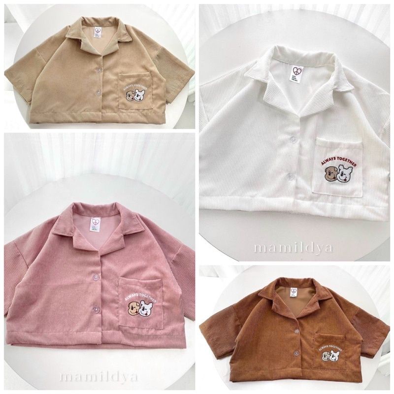 Áo Sơ mi Cổ vest croptop nhung gân thêu hình - PC