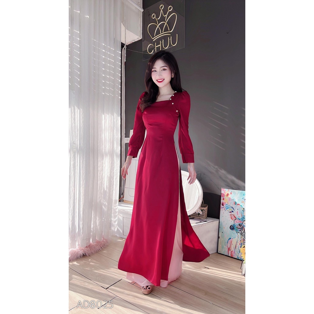 Áo dài nữ cách tân cổ vuông đính nút bọc không kèm quần CHUU AD8025