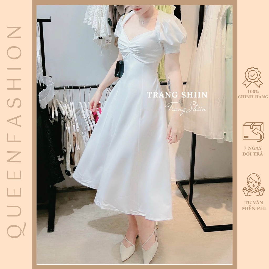 Đầm midi nhíu ngực tay phồng nhẹ nhàng,nữ tính