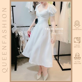 Đầm midi nhíu ngực tay phồng nhẹ nhàng,nữ tính