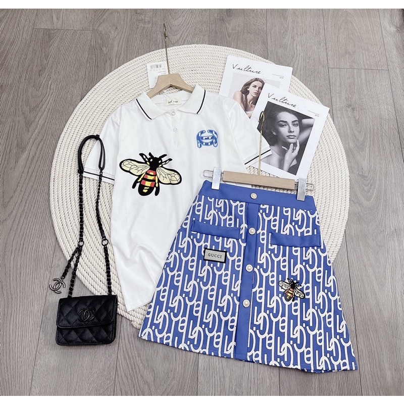 [ 𝐅𝐑𝐄𝐄 𝐒𝐇𝐈𝐏 ] SET VÁY G.C THÊU ONG MIX CHÂN VÁY KAKI THÔ