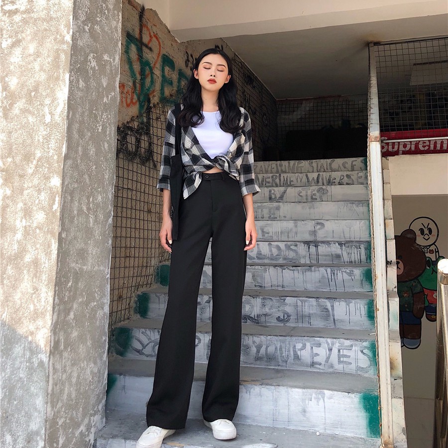 Quần dài XIAOZHAINV lưng cao dáng rộng màu đen phong cách vintage