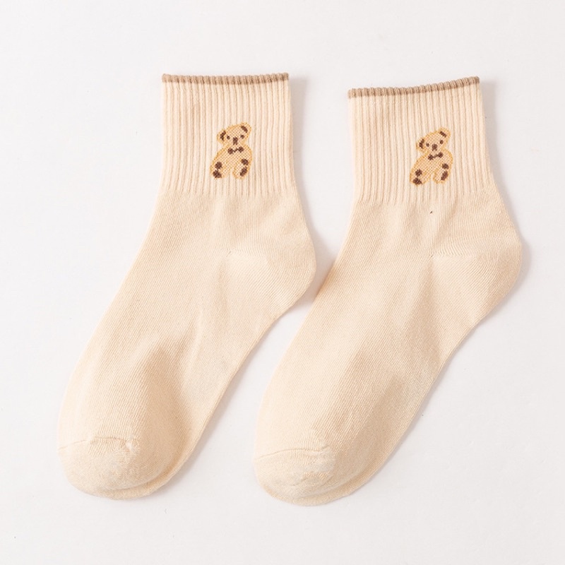 Sét 5 Đôi Tất dệt kim cổ cao thêu gấu Phong Cách Vintage Hàn Quốc