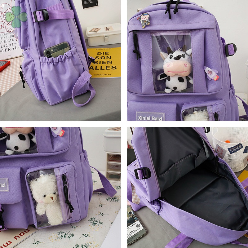 Set Ba Lô 5 Món Túi Xách Ví Canvas Màu Trơn In Hình Hoạt Hình Dễ Thương Trọng Lượng Nhẹ Thời Trang Cho Nữ