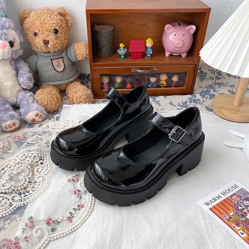 Giày búp bê lolita công chúa đế cao 6cm trắng đen có sẵn