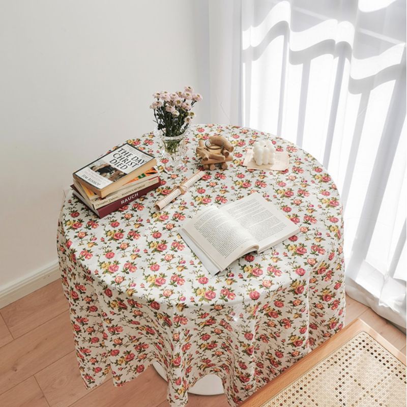 Khăn trải bàn hoa nhí vintage vải lanh kiểu Pháp trang trí decor phòng khách bàn trà retro hoa hồng lenhome