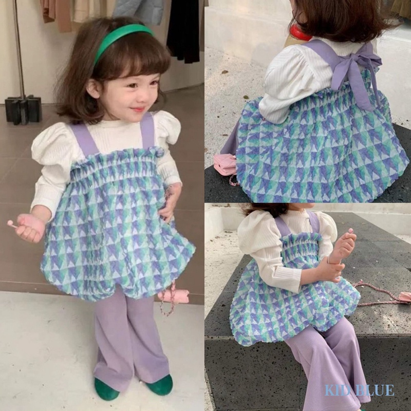 Set Áo Sơ Mi Cộc Tay Sọc Caro + Quần Dài Ống Loe Thời Trang Cho Bé Gái