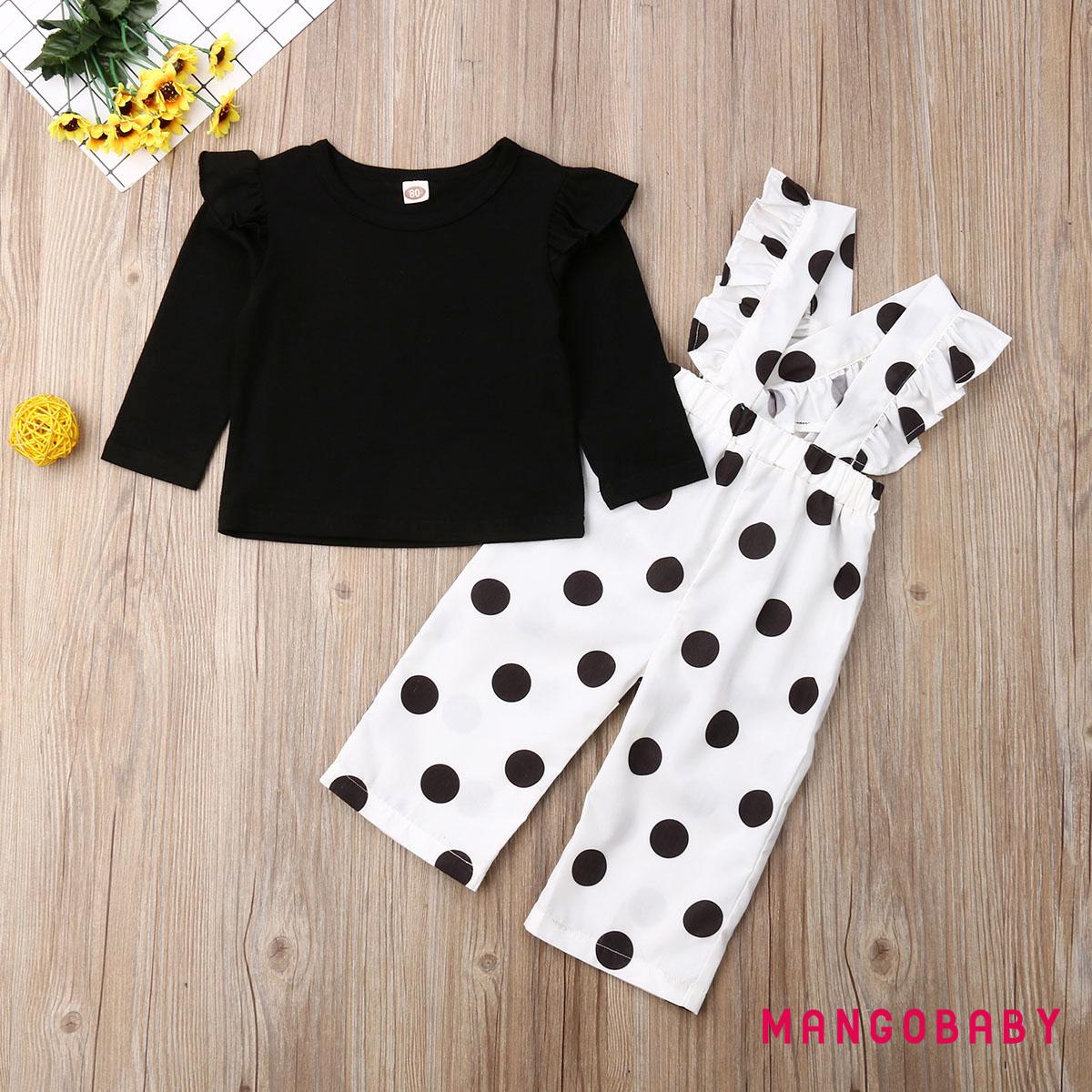 MG-Infant Toddler Baby Girl Outfits Long Sleeve T-Shirt Tops + Ruffle Polka Dots Suspenders Pants 2Pcs Set