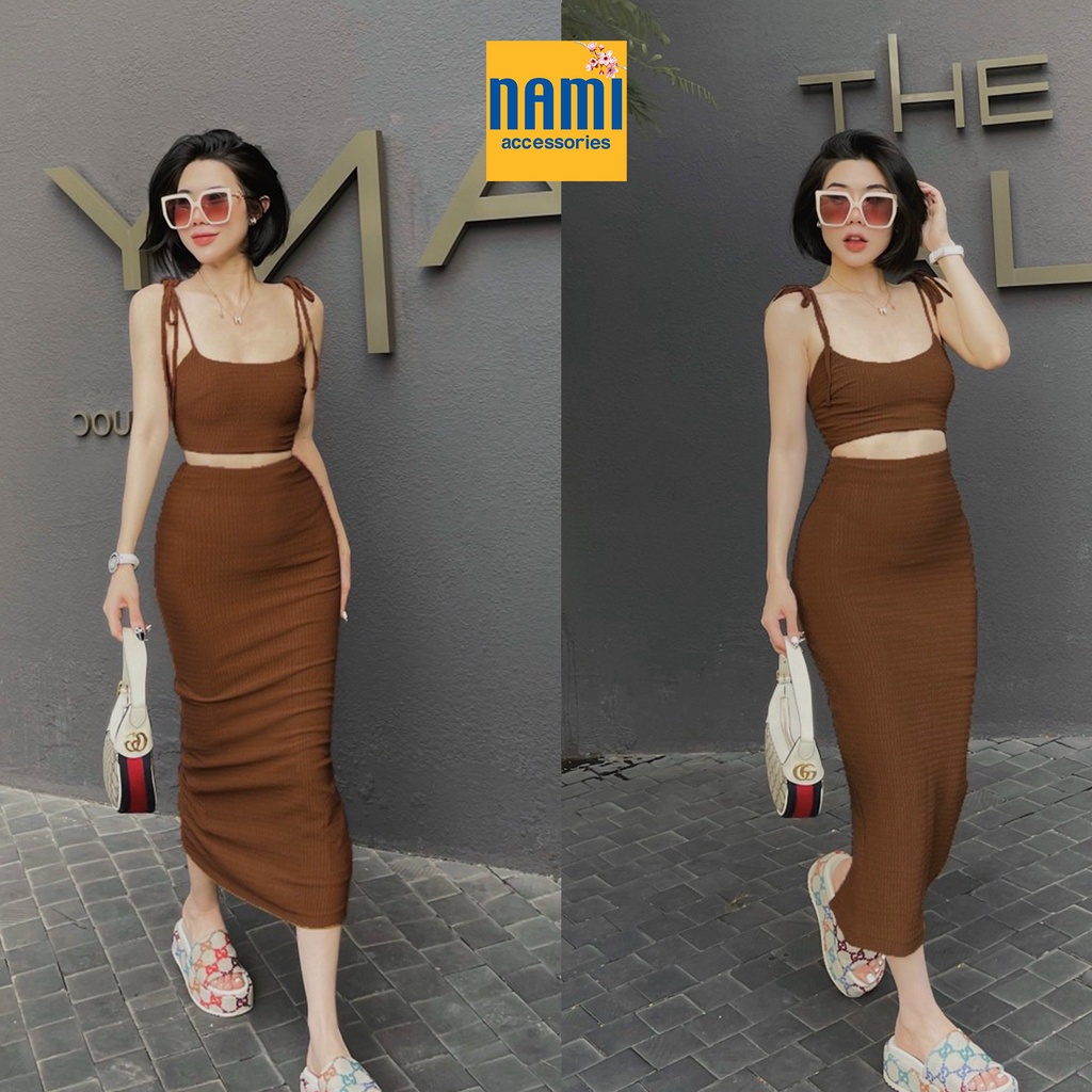 ( HÀNG CHUẨN ĐẸP ) Set Áo Croptop Cột Dây Vai Kèm Chân Váy Ôm Body Sexy Girl Quyến Rũ - ATNU033