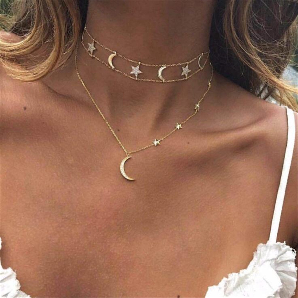 Vòng cổ choker nhiều lớp trang trí mặt hình ngôi sao phong cách Boho