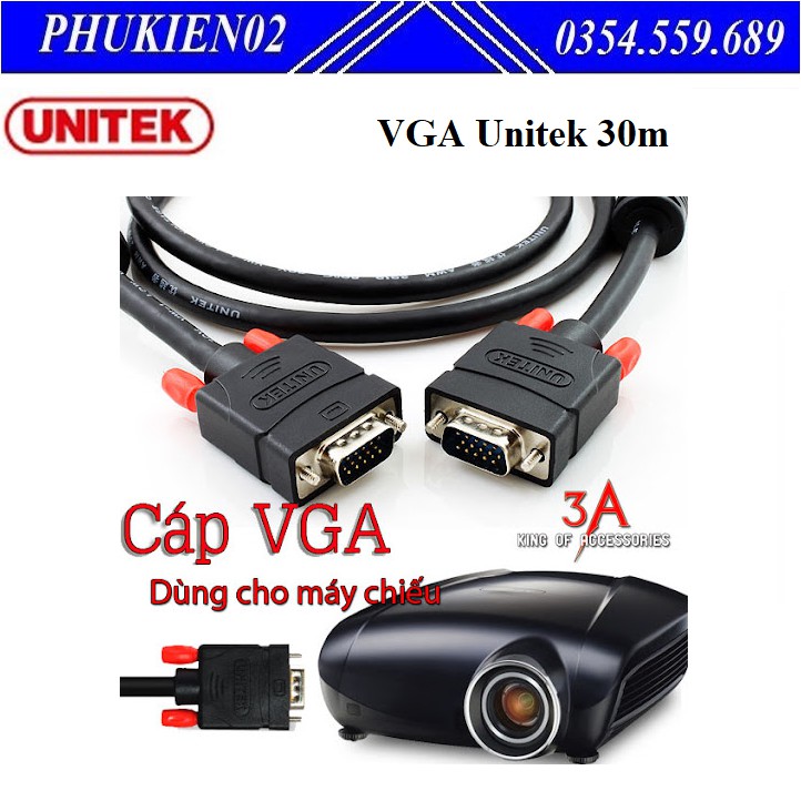 Dây VGA Unitek 30m Y-C510A chuẩn VGA 3C+6 dùng cho máy chiếu, màn hình LCD - Hàng chính hãng