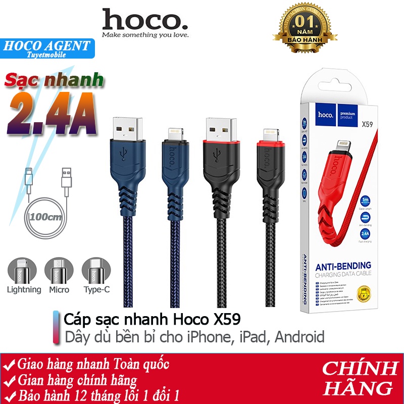 Cáp sạc nhanh Hoco X59 dây dù sạc full iPhone/ Android/ iPad dây truyền tải dữ liệu dài 1m - Chính hãng
