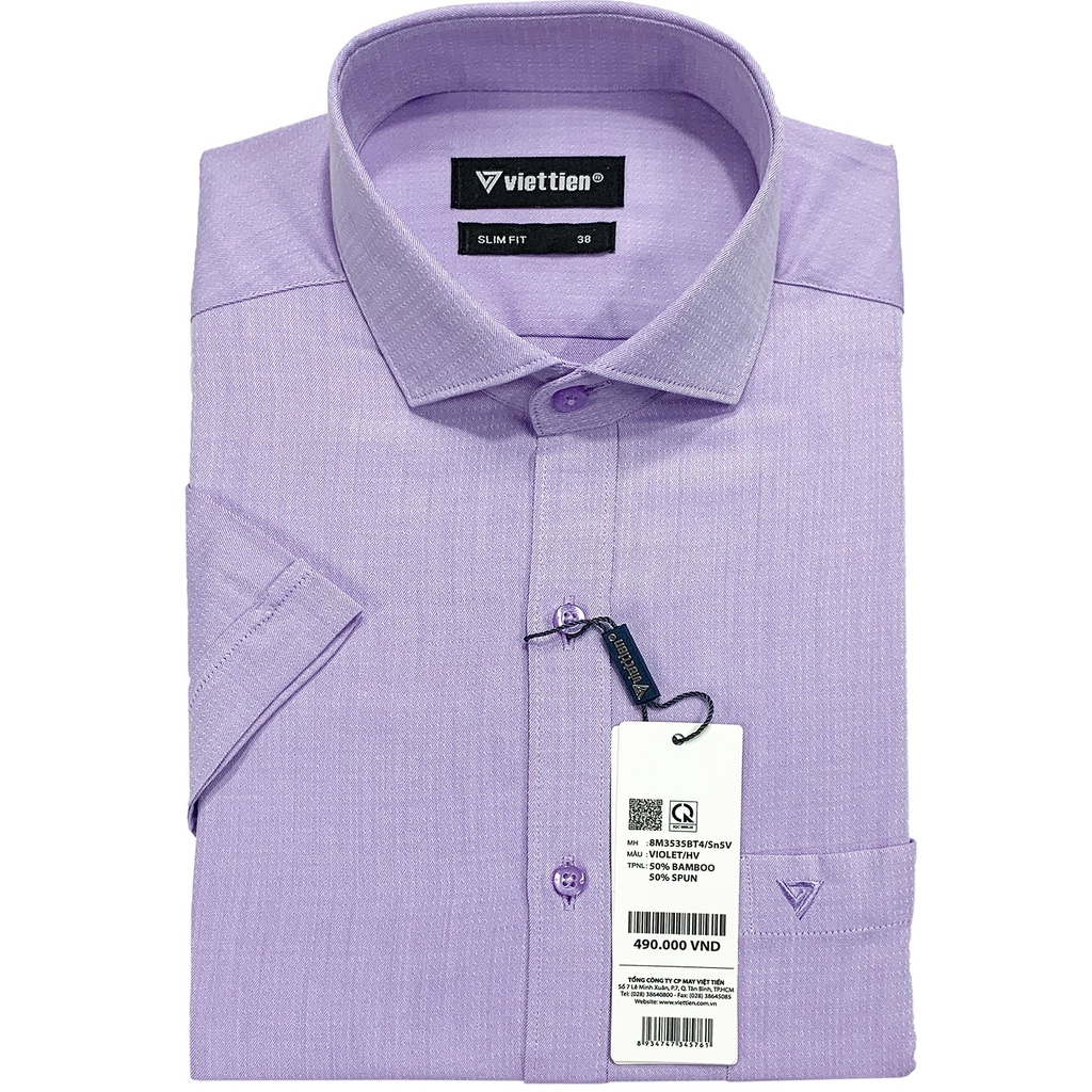 Viettien - Áo sơ mi nam ngắn tay xẻ tà lai ngang 8M3535 họa tiết phom slim fit dành cho giới trẻ hoặc người gầy