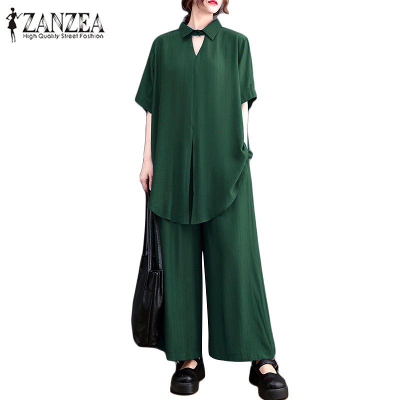 Set áo sơ mi tay ngắn và quần dài lưng thun ống rộng Zanzea phong cách retro cho nữ