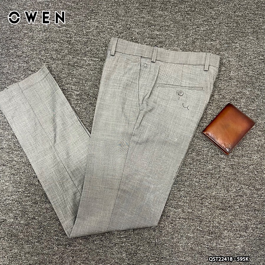 Quần Tây Nam Owen QST22418 Quần Âu Nam Dáng Slim Fit Cạp Tăng Đơ Màu Ghi Sáng Dệt Xước