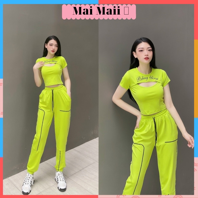Bộ thể thao nữ, bộ tập gym nữ cộc tay gồm quần jogger form rộng với croptop cộc tay mặc tập gym, zumba...