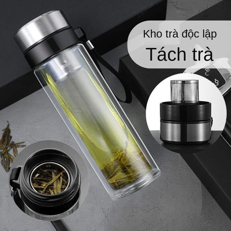 Cốc thủy tinh hai lớp, uống nước nam, cầm tay, pha trà gia đình có lưới lọc, đựng và dung tích lớn tách để