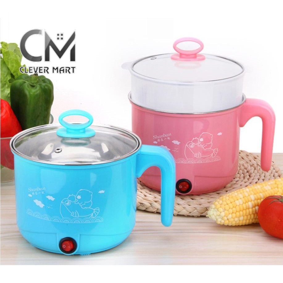 Ca Nấu Mì, Nấu Cơm Đa Năng Có Tay Cầm 1,8L - Nồi Lẩu Điện Mini Kèm Giá Hấp INOX