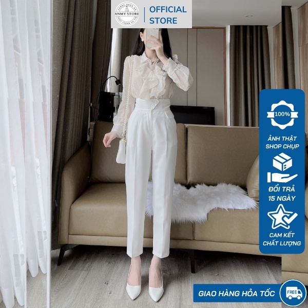 Quần Tây Nữ Lưng Cao ANMY Bản Cạp Cao To Phối 3 Khuy Basic Tôn Dáng Khóa Trước Full Size