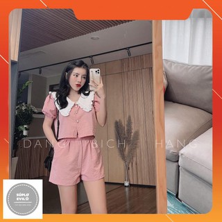 Set bộ đồ nữ set bộ vải lanh áo cổ bèo xinh xắn
