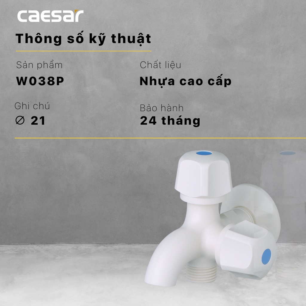 Vòi lạnh gắn tường W038P chính hãng Caesar, công nghệ Đài Loan, chất liệu nhựa vệ sinh cao cấp