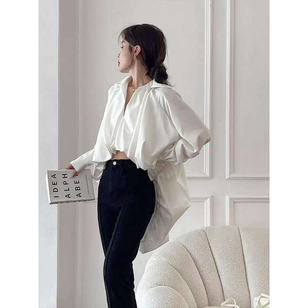Áo sơ mi nữ kiểu bánh bèo tay bồng bo ống tay giả sơ vin, 2 lớp chất tơ đũi vải mát mềm. Áo kiểu bo chun mã 881 SINSIN