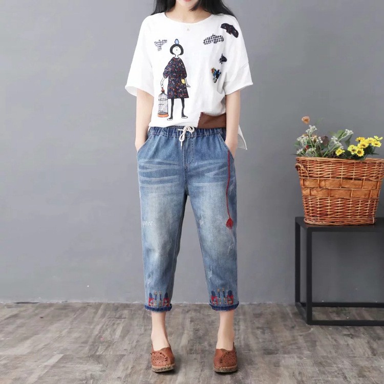 Quần jean bagyy nữ lưng thun eo co giãn size đại bigsize thêu hoa size M đến 3XL