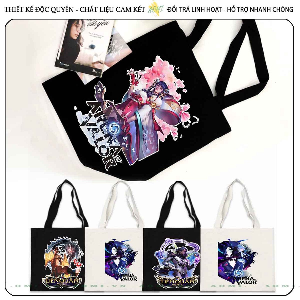 TOTE CANVAS GARENA LIÊN QUÂN TÚI VẢI ĐEO VAI BAG CÓ KHÓA KÉO SIZE LỚN 33x38cm AOMIVN DU LỊCH MÀU ĐEN TRẮNG