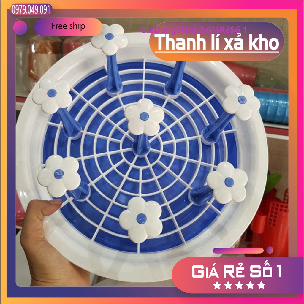 Giá cắm cốc nhựa Việt Nhật tròn 8 que cắm | Khay úp ly cốc có rãnh thoát nước