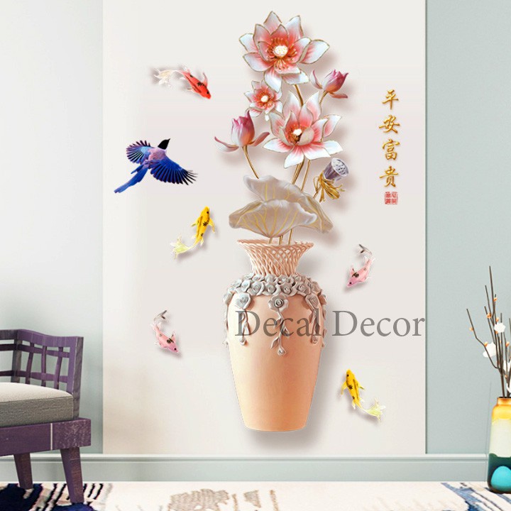 Decal Trang Trí 3D Dán Tường Bình Hoa Sen Và Cá 60x90cm - Decal Decor Phòng Ngủ, Phòng Khách, Văn Phòng Làm Việc