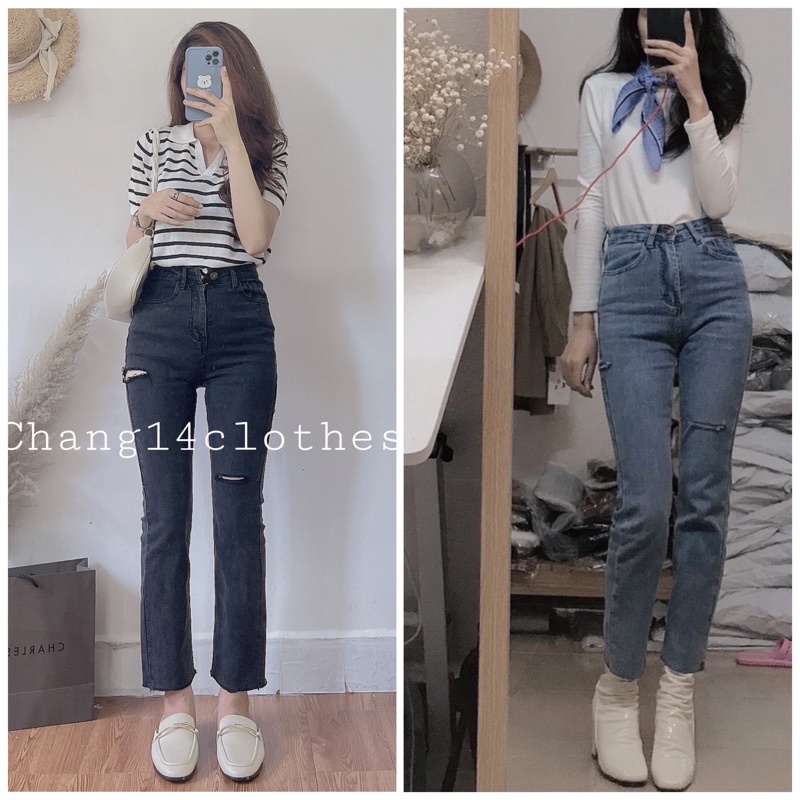 Quần jeans rách bò cho nữ hàng quảng châu co giãn tốt dài 90cm ( hàng sẵn)