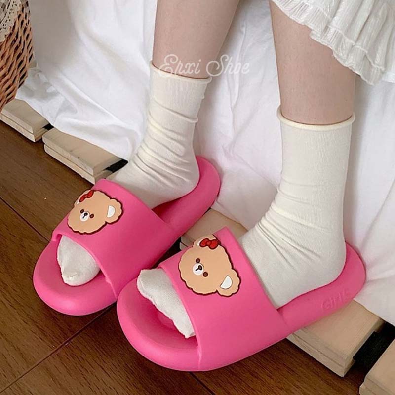 Dép Đi Trong Nhà Đế Dày Họa Tiết Gấu Hoạt Hình Dễ Thương Cho Nam Và Nữ