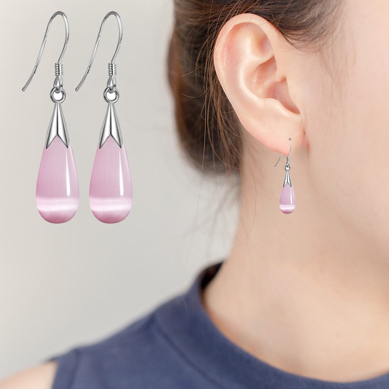 Women New Style Water Drop Cat's Eye Drop Earrings 925 Silver Plated Zircon Women's Hypoallergenic Hook Earrings