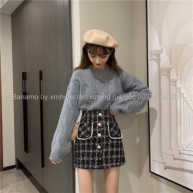 Chân váy dạ hottrend 2 túi phối khuy ngọc thời trang Banamo Fashion 5913