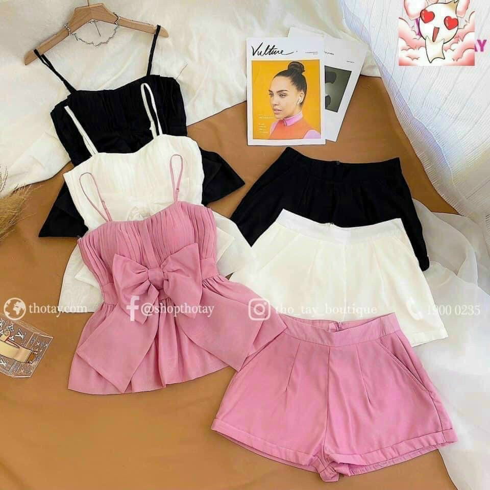 Sét bộ đồ nữ áo hai dây kết nơ có mút kèm quần đùi
